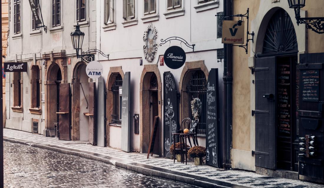 Prague street with shops